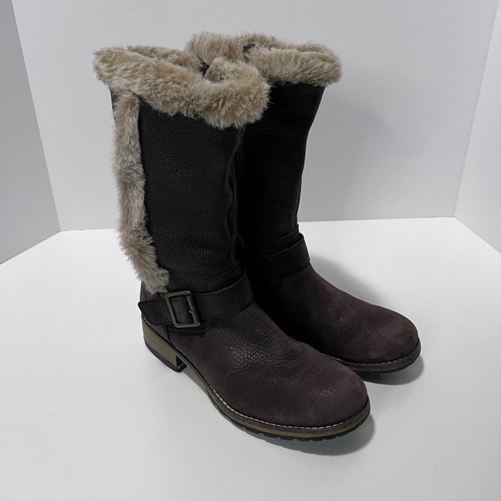 Clarks US 2M EU 33.5 Brown Leather Boots Zipper Faux Fur Buckle
